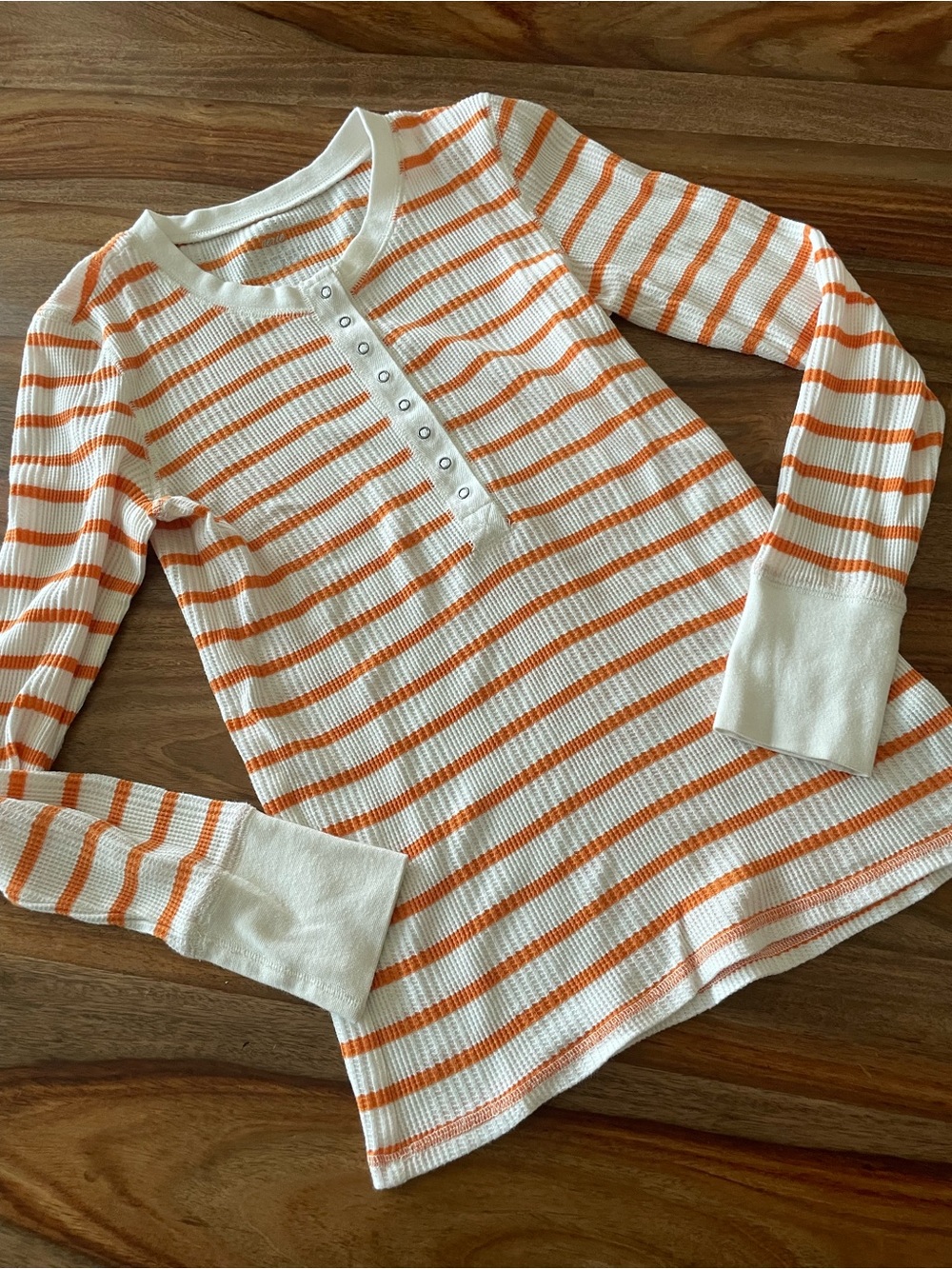 Aerie Striped Long-Sleeve Henley Tee in White and Orange